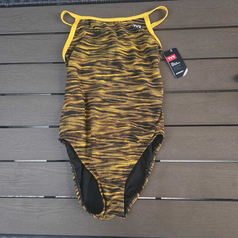 TYR Durafast Fizzy Gold/black DiamondFit One Piece Women Swim Size 34 New